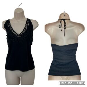 NWT New York & Company Black Eyelet Halter Top Festival Size Large